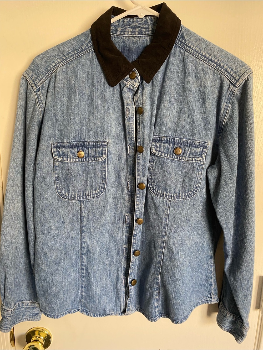 Vtg Contrast Corduroy Collar Denim Barn Jacket Tailored Shacket Blue